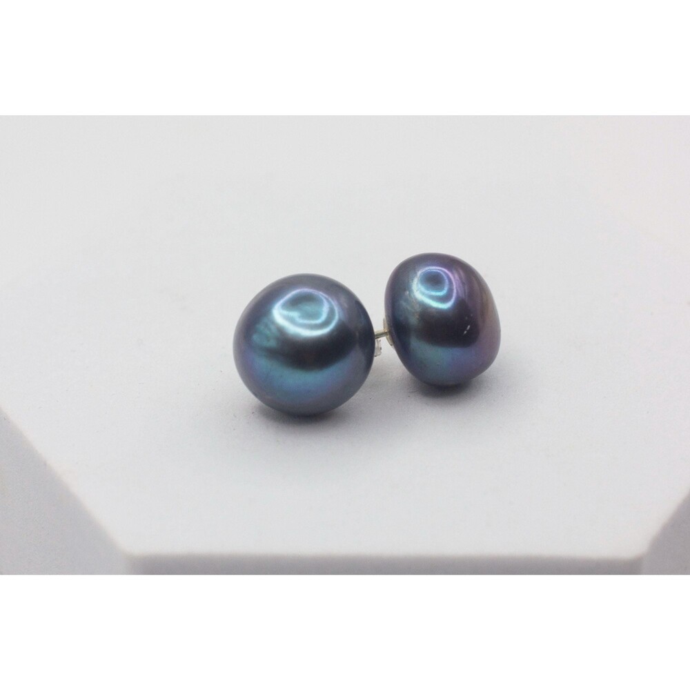 13–13.5mm Black Peacock Freshwater Pearl Stud Earrings 925 Silver AA Classic